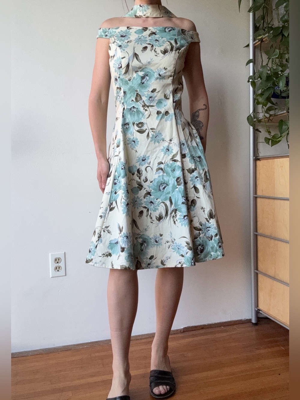French laundry vintage Off-Shoulder cream Floral A-Line Dress